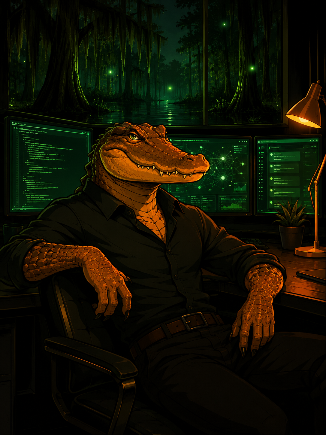 GatorByte Studios mascot — the gator at the desk